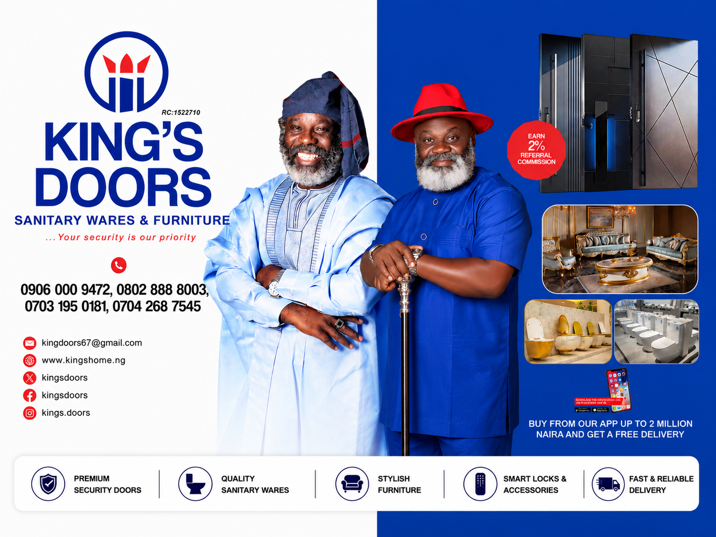 Shop Royal King's Copper Door|||Buy ₦4M+ Online. Get 2% Off. |||Top Deals on Premium WCs|||FREE DELIVERY!|||Turn your Network into Income|||Enugu, We Are Now Open.|||Secure Your Home with Confidence|||Download the King's Doors App Today|||One Partnership. Endless Security.|||2% Referral Commission|||Upgrade Your Kitchen Tap Today.